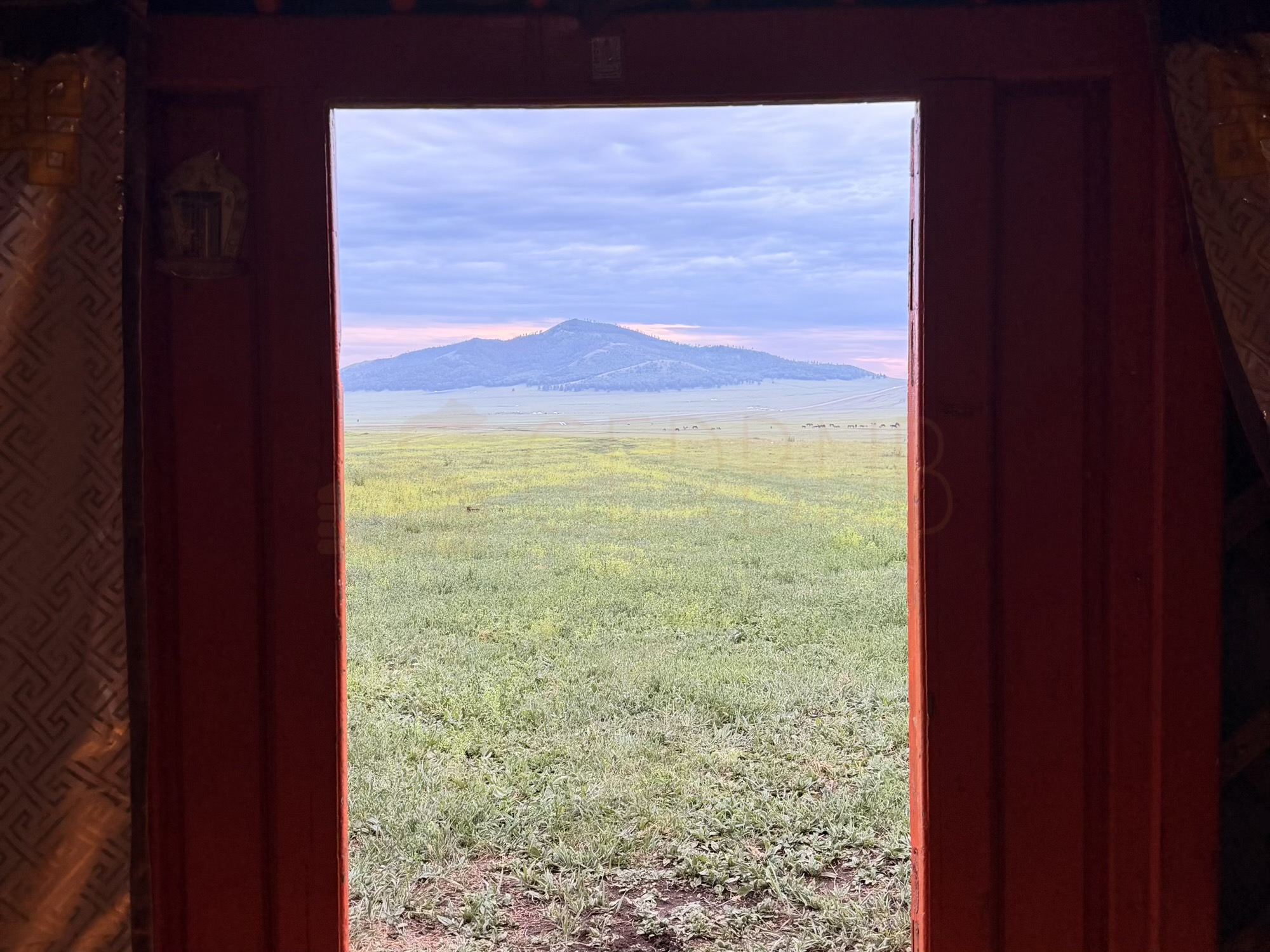 Losol fresh mare milk camp: Ger doors traditionally face south to block cold northern winds. It also gives you a perfect, uninterrupted frame for the morning sunrise. (Interior View, Doorway, Landscape)