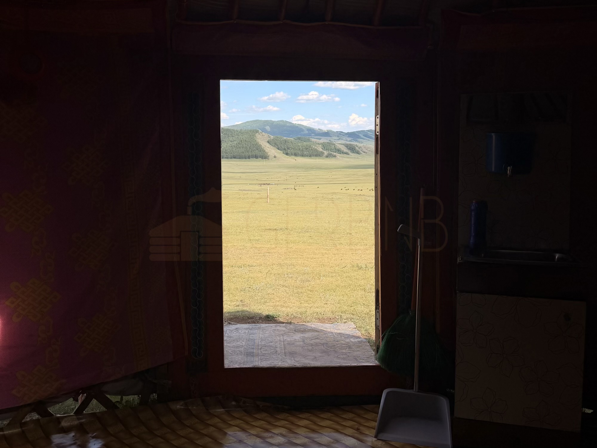 Gavalmaa volcano camp: The view directly from your ger door. Because we are situated slightly on a hill, you get an uninterrupted, sweeping sightline across the volcanic valley. (Interior View, Doorway, Landscape)