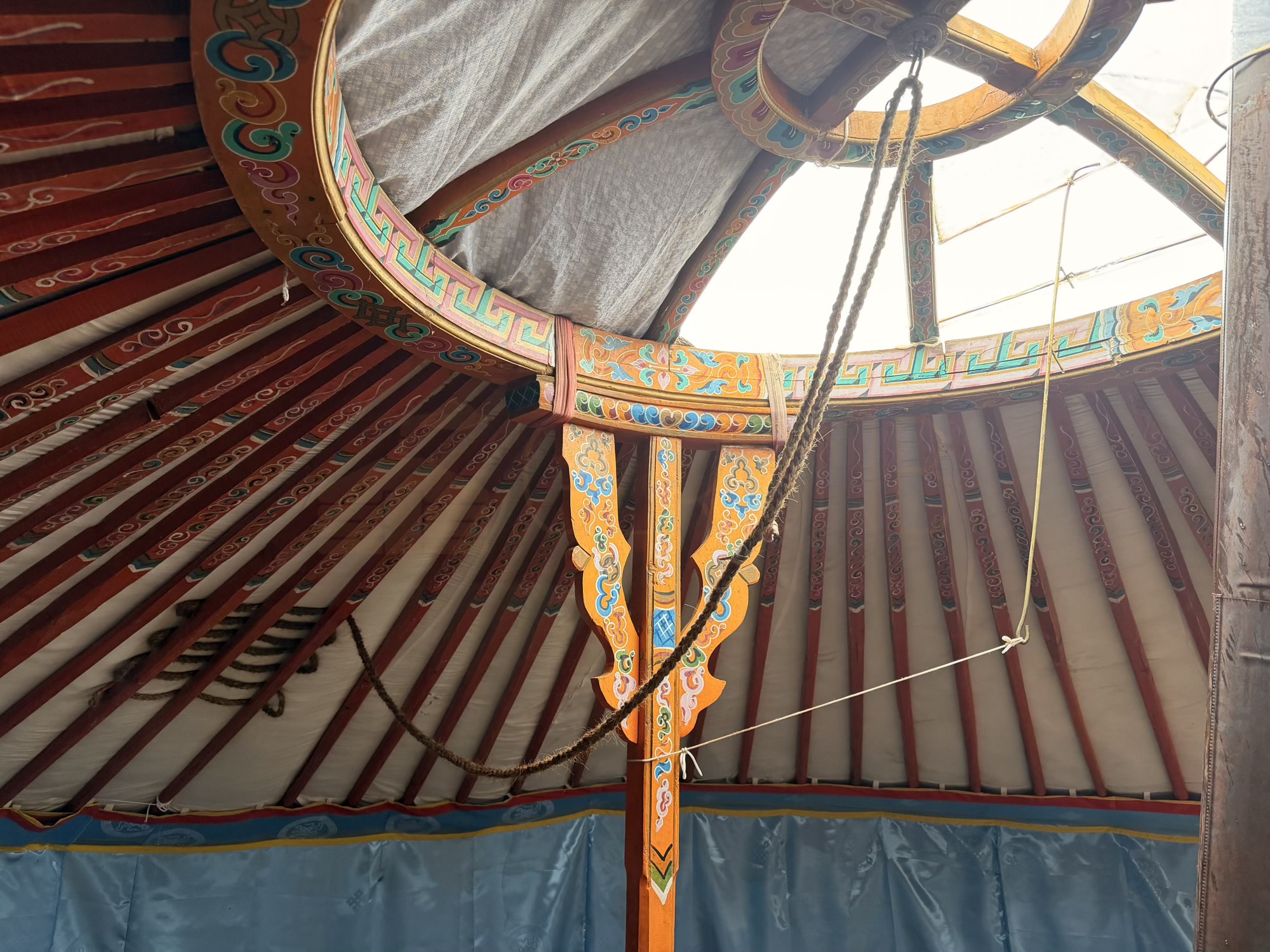 Bolor-Erdene Elsen Tasarkhai sand dune camp: The painted toono forms the crown of the ger above the central stove; (Toono)