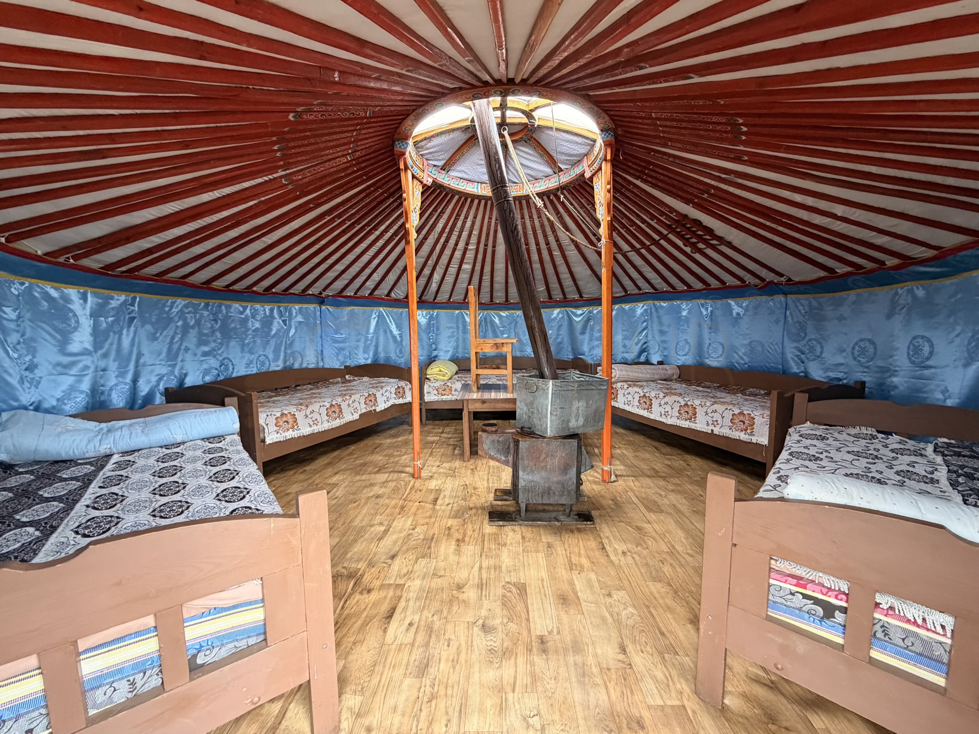 Bolor-Erdene Elsen Tasarkhai sand dune camp: The five-bed guest ger with fresh bedding.