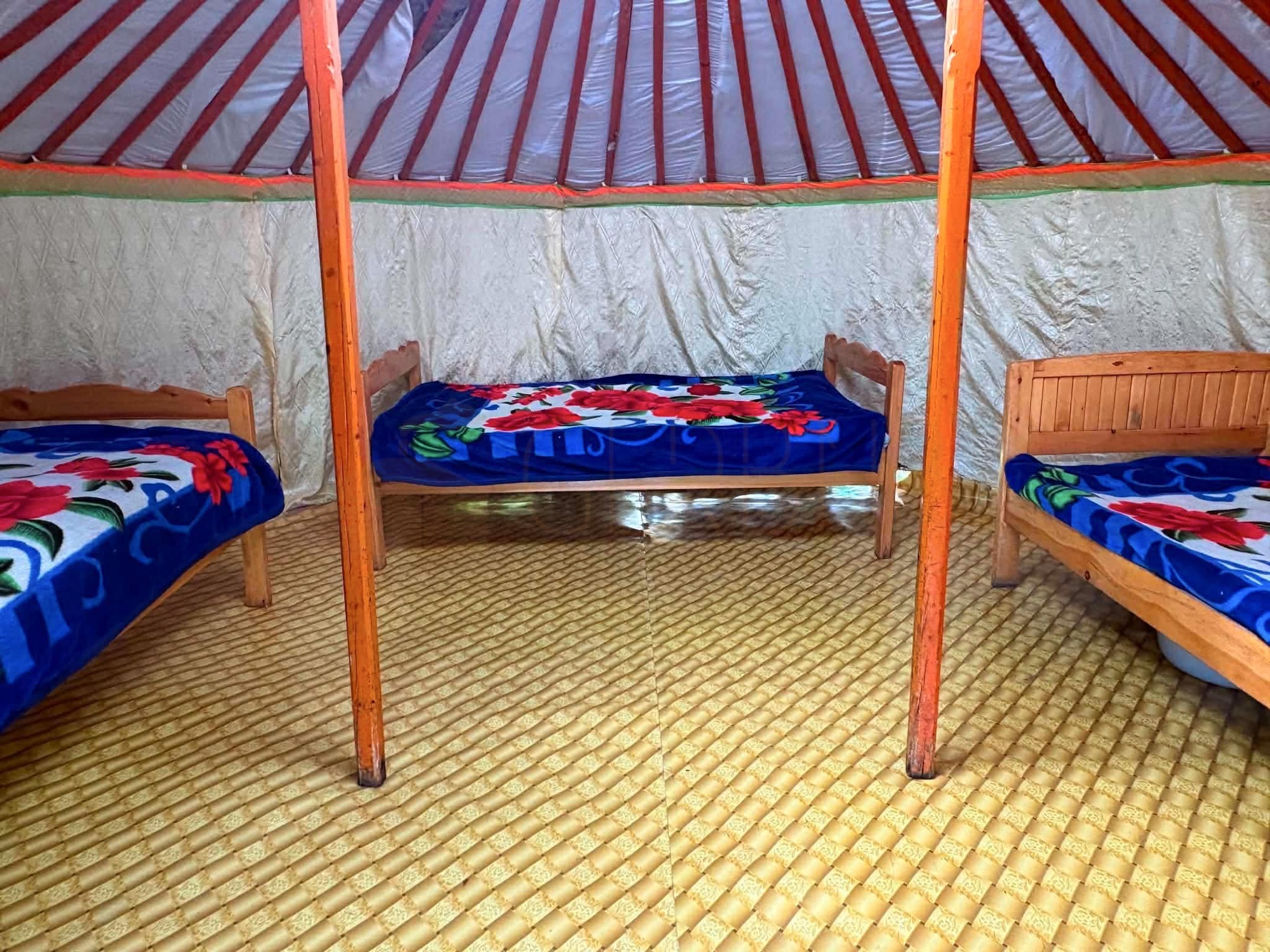Sukhbat Orkhon Waterfall camp: Guest ger B. Small size, 3 beds. (Ger interior)