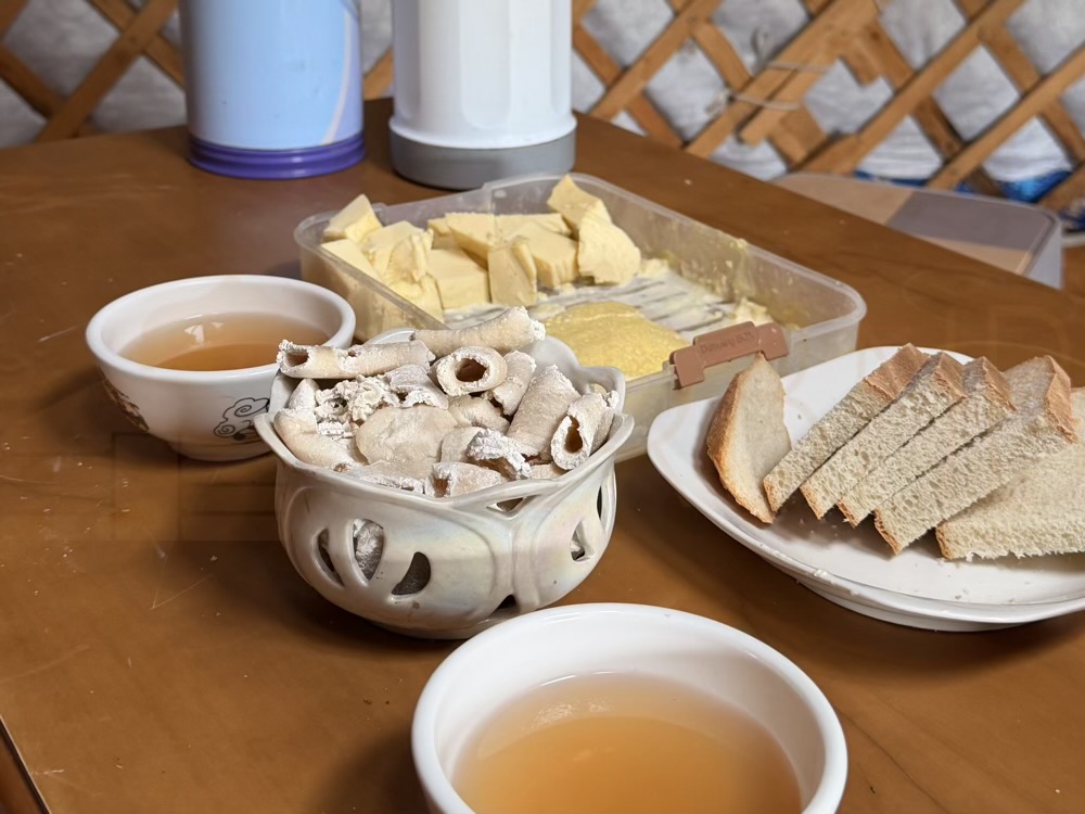 Nerguibaatar camp: A genuine nomad breakfast featuring our homemade "white foods" (dairy products) including dried aaruul, thick Urum, and rich uurag. (Food, Traditional Breakfast, Dairy)