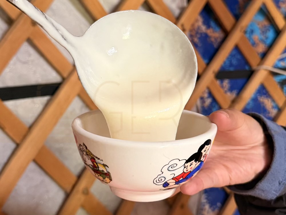 Nerguibaatar camp: Pouring fresh, homemade Mongolian yogurt. We take great pride in our dairy processing, ensuring everything is fresh and tart. (Food, Yogurt, Dairy Serving)