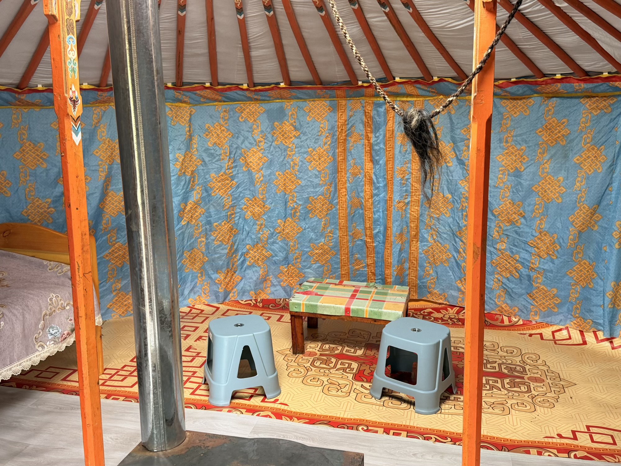 Myagmarsuren Shankh Monastery camp: A small table near the stove is used for meals and everyday tasks inside the ger. (Food table)