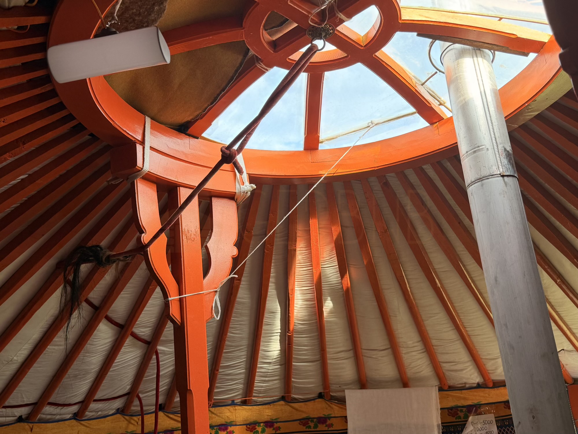 Togtohbayar Shankh monastery camp: At night, the open toono at the top of the ger frames a clear view of the stars. (Toono, night sky)